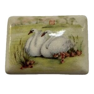 Vintage Miniature Porcelain Footed Trinket Box Swans Hand Painted EUC